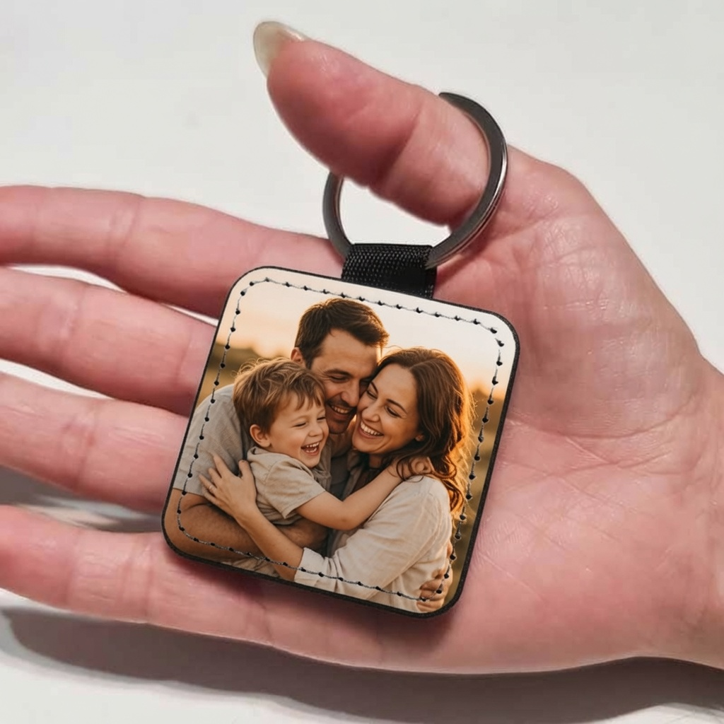 Porte-Clés Carré Personnalisé avec Photo | Cuir Premium | Cadeau Famille & Couple